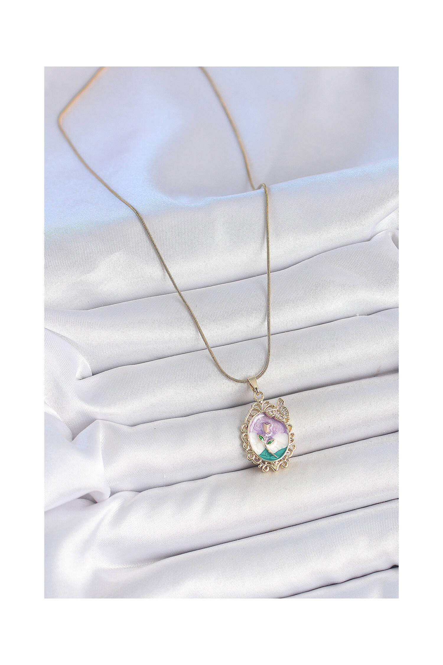 316l Steel Gold Color Chain Mix Color Enameled Flower Embroidered Zircon Stone Detailed Portrait Model Woman Necklace - Brand: Ebijuteri - Women's Clothing Wholesale - Globality Store