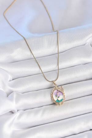 316l Steel Gold Color Chain Mix Color Enameled Flower Embroidered Zircon Stone Detailed Portrait Model Woman Necklace - Brand: Ebijuteri - Women's Clothing Wholesale - Globality Store