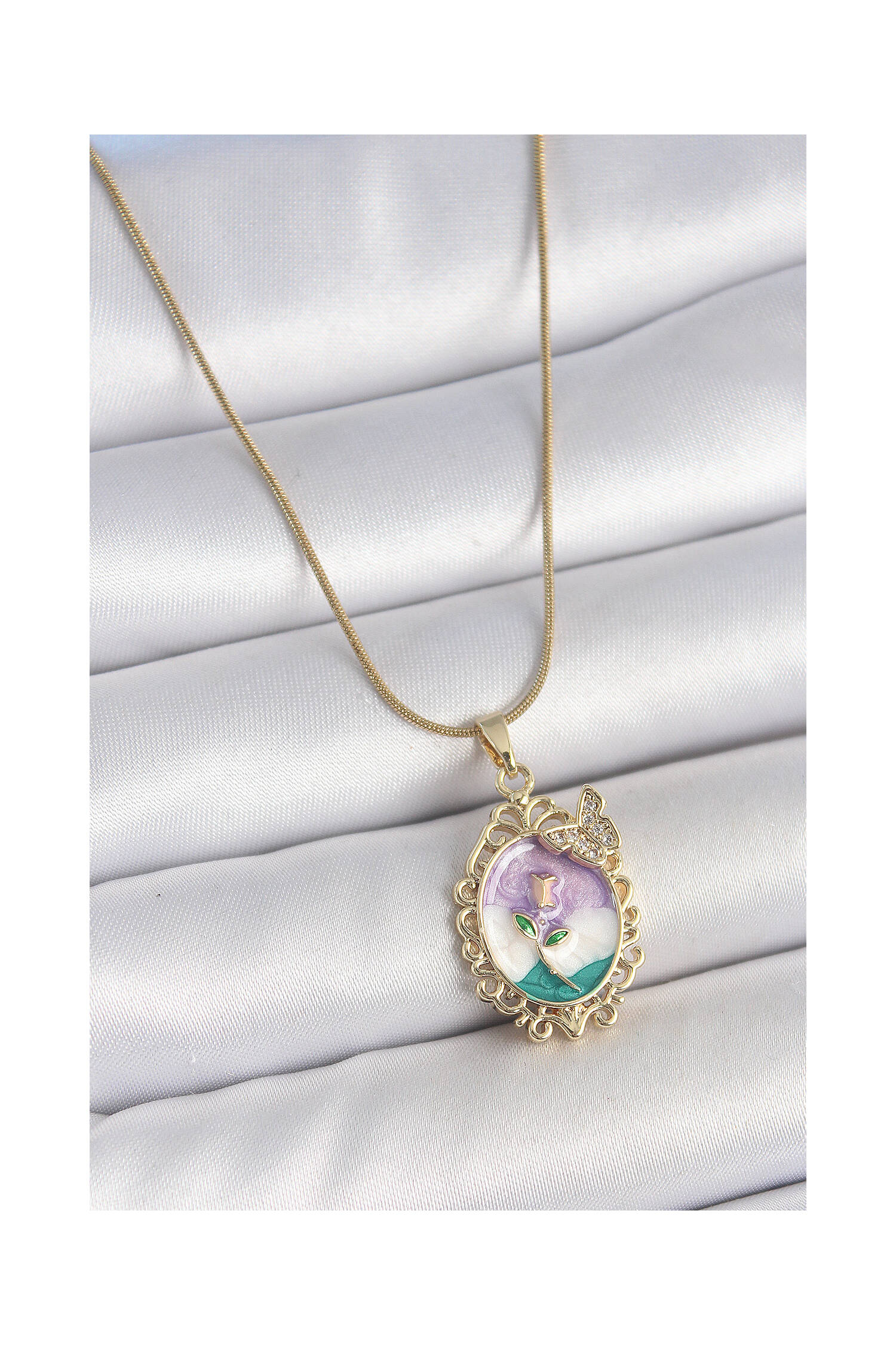 316l Steel Gold Color Chain Mix Color Enameled Flower Embroidered Zircon Stone Detailed Portrait Model Woman Necklace - Brand: Ebijuteri - Women's Clothing Wholesale - Globality Store