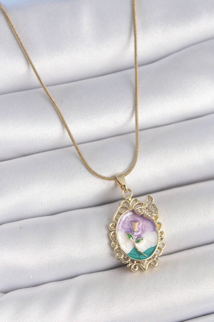 316l Steel Gold Color Chain Mix Color Enameled Flower Embroidered Zircon Stone Detailed Portrait Model Woman Necklace - Brand: Ebijuteri - Women's Clothing Wholesale - Globality Store
