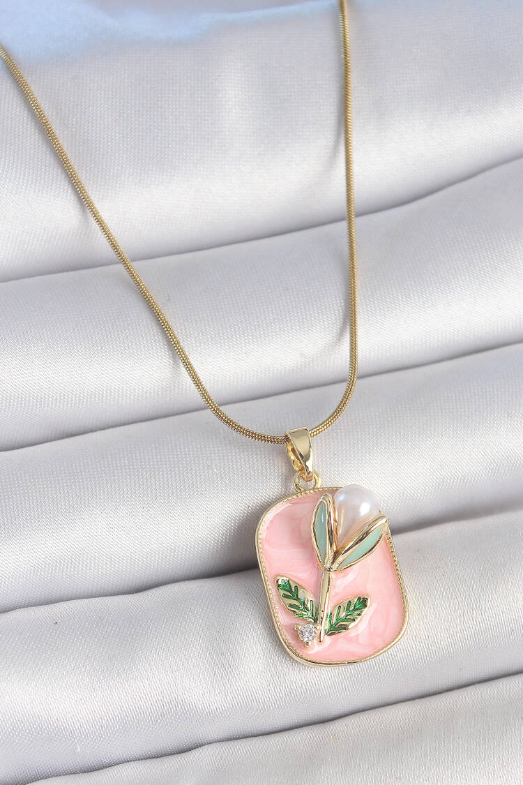 316l Steel Gold Color Chain Pink Enameled Pearl Flower Embroidered Portrait Model Women Necklace - Brand: Ebijuteri - Women's Clothing Wholesale - Globality Store