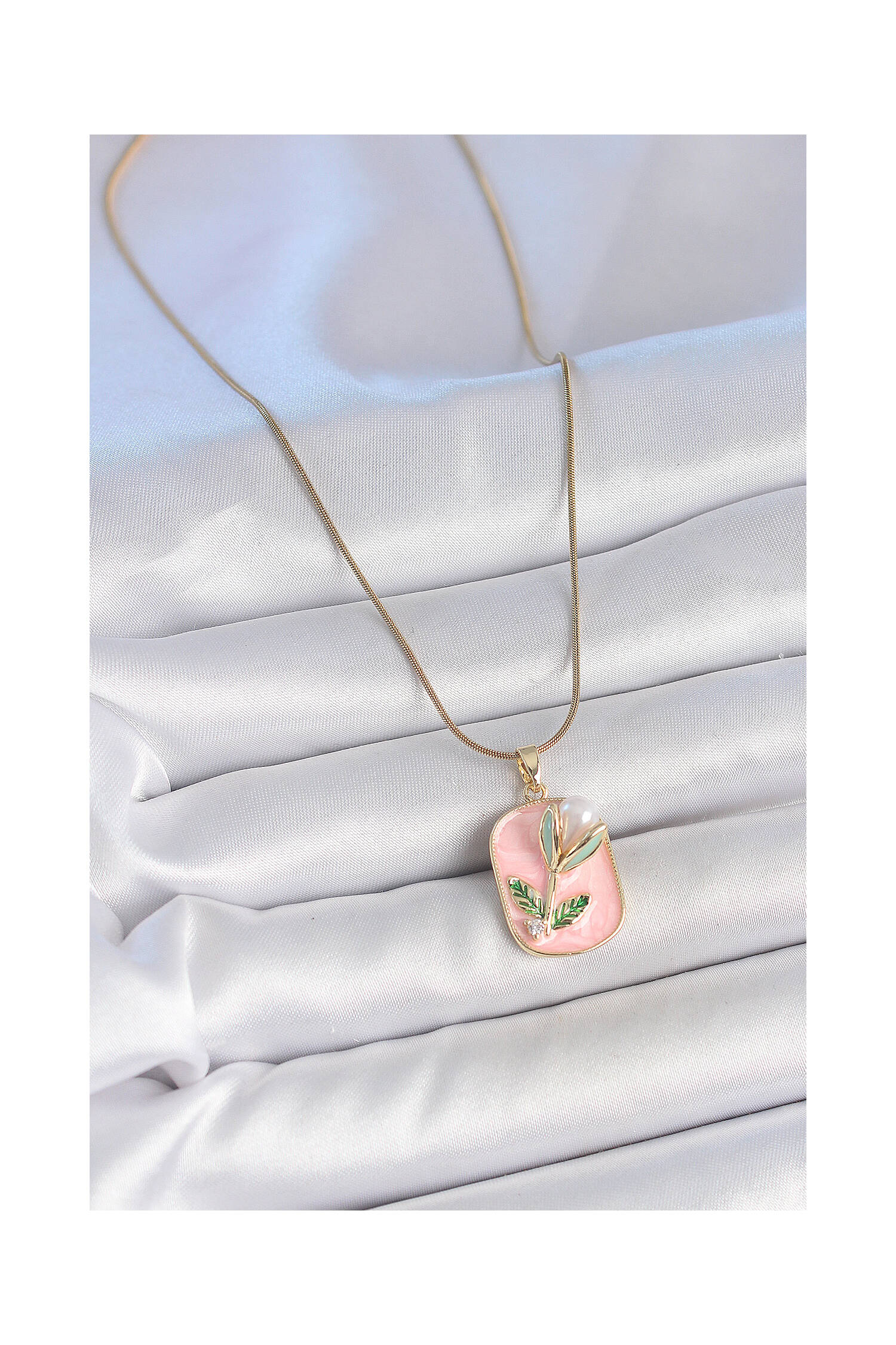 316l Steel Gold Color Chain Pink Enameled Pearl Flower Embroidered Portrait Model Women Necklace - Brand: Ebijuteri - Women's Clothing Wholesale - Globality Store
