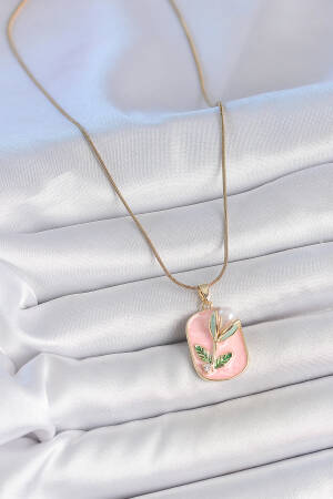 316l Steel Gold Color Chain Pink Enameled Pearl Flower Embroidered Portrait Model Women Necklace - Brand: Ebijuteri - Women's Clothing Wholesale - Globality Store