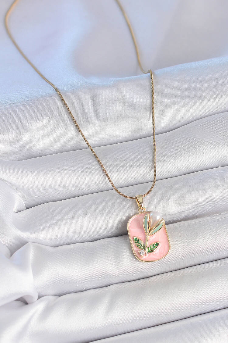 316l Steel Gold Color Chain Pink Enameled Pearl Flower Embroidered Portrait Model Women Necklace