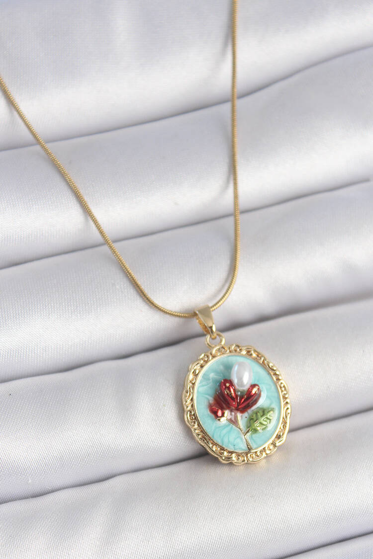 316l Steel Gold Color Chain Turquoise Enameled Pearl Flower Embroidered Portrait Model Women Necklace - Brand: Ebijuteri - Women's Clothing Wholesale - Globality Store