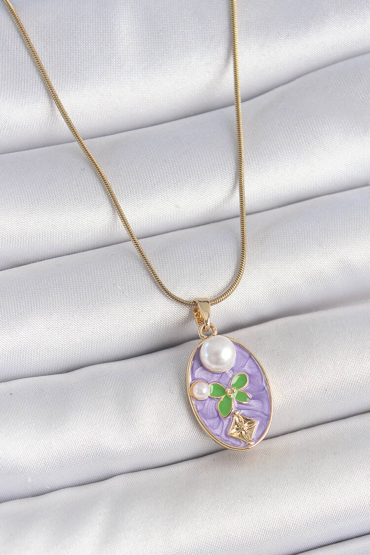 316l Steel Gold Color Chain Purple Enameled Oval Pearl Flower Embroidered Portrait Model Women Necklace - Brand: Ebijuteri - Women's Clothing Wholesale - Globality Store