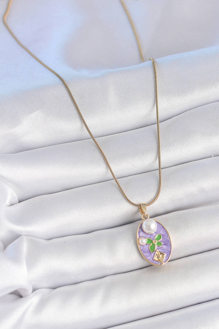316l Steel Gold Color Chain Purple Enameled Oval Pearl Flower Embroidered Portrait Model Women Necklace
