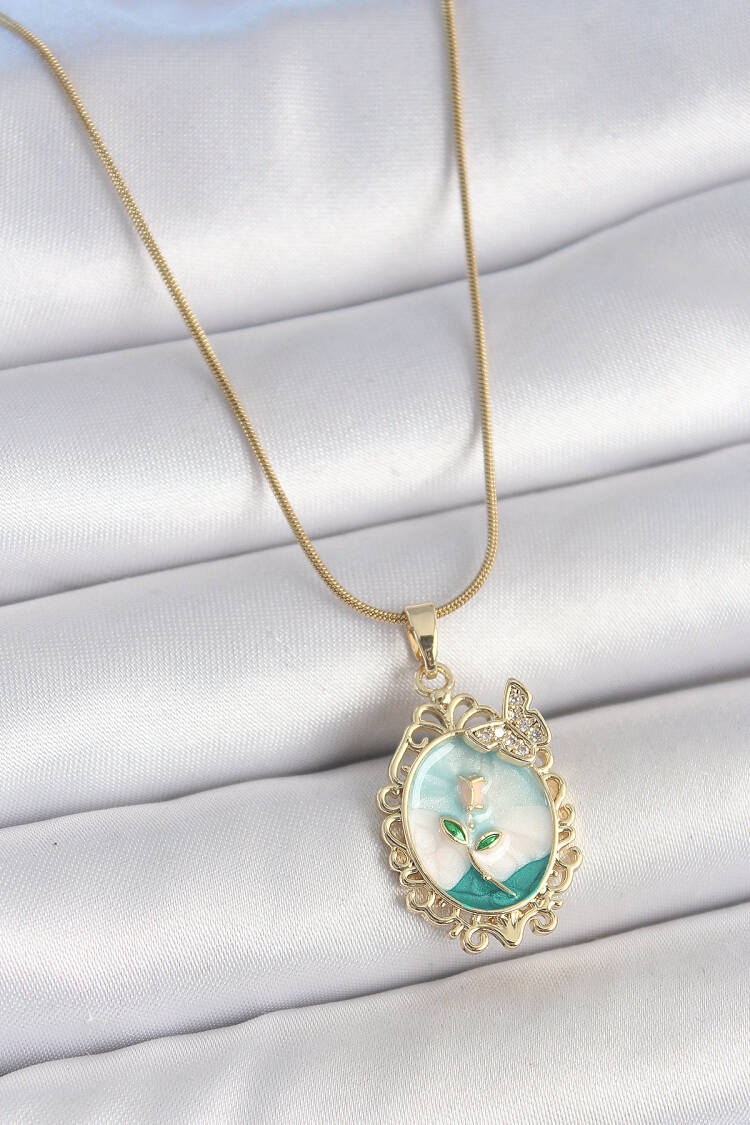 316l Steel Gold Color Chain Blue Enameled Flower Embroidered Zircon Stone Detailed Portrait Model Woman Necklace - Brand: Ebijuteri - Women's Clothing Wholesale - Globality Store