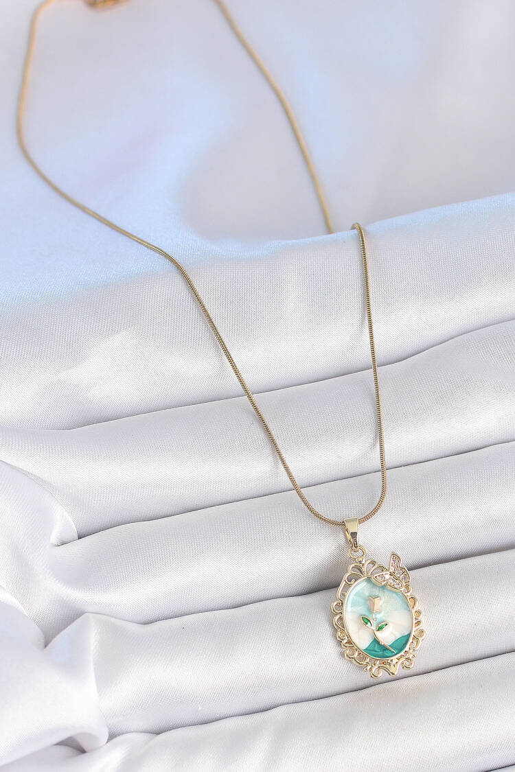 316l Steel Gold Color Chain Blue Enameled Flower Embroidered Zircon Stone Detailed Portrait Model Woman Necklace