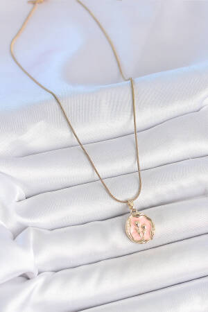 316l Steel Gold Color Chain Pink Enameled Flower Embroidered Portrait Model Women Necklace - Brand: Ebijuteri - Women's Clothing Wholesale - Globality Store