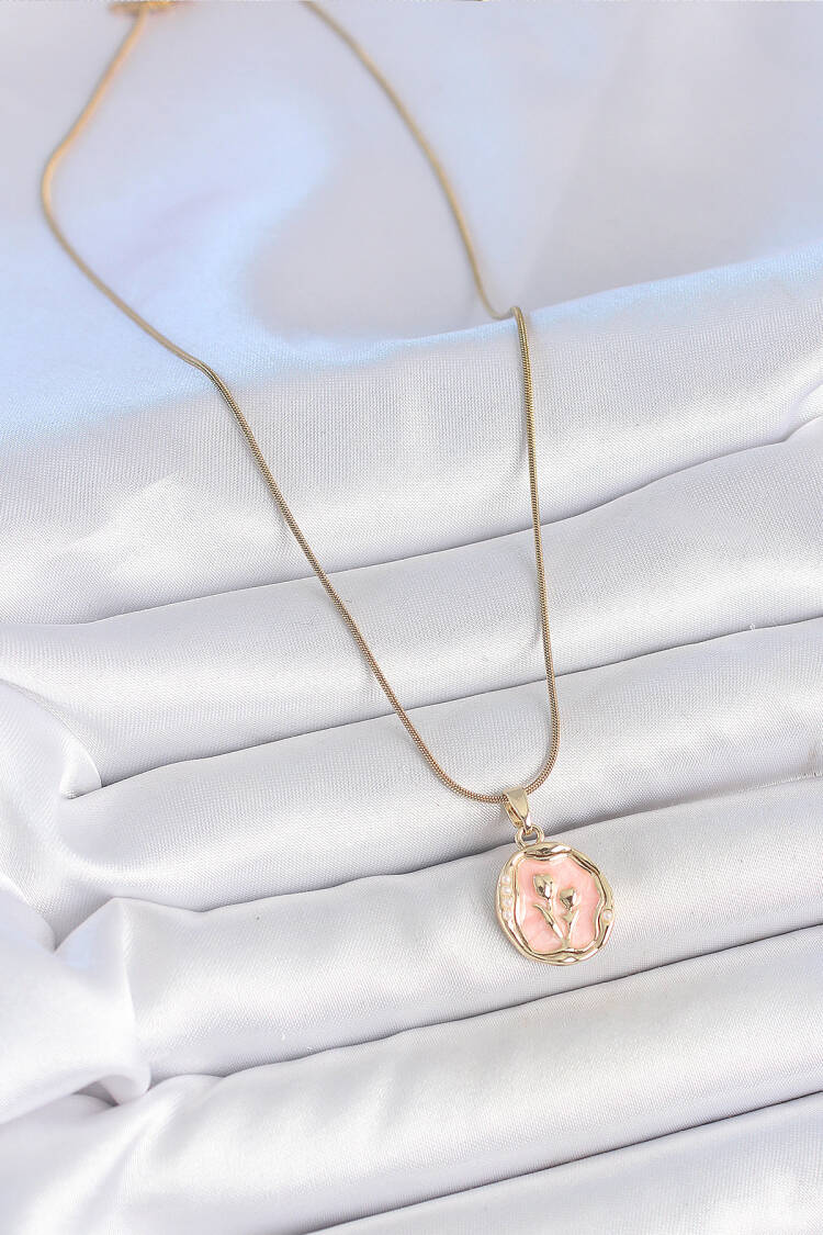 316l Steel Gold Color Chain Pink Enameled Flower Embroidered Portrait Model Women Necklace