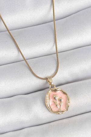 316l Steel Gold Color Chain Pink Enameled Flower Embroidered Portrait Model Women Necklace - Brand: Ebijuteri - Women's Clothing Wholesale - Globality Store