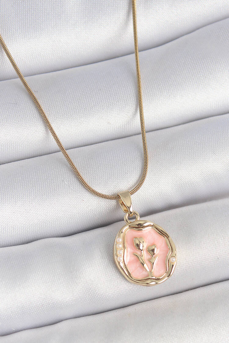 316l Steel Gold Color Chain Pink Enameled Flower Embroidered Portrait Model Women Necklace - Brand: Ebijuteri - Women's Clothing Wholesale - Globality Store
