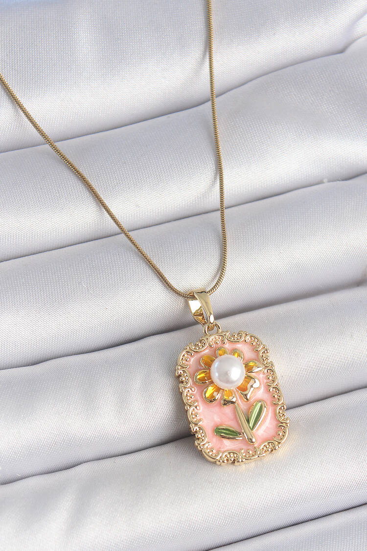 316l Steel Gold Color Chain Pink Enameled Pearl Chamomile Model Portrait Model Women Necklace - Brand: Ebijuteri - Women's Clothing Wholesale - Globality Store