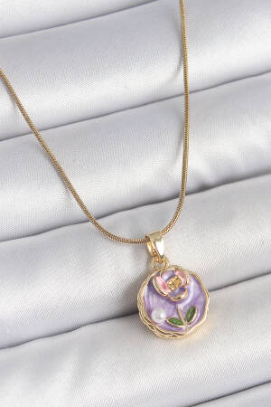 316l Steel Gold Color Chain Purple Minimal Flower Embroidered Pearl Detail Portrait Model Woman Necklace - Brand: Ebijuteri - Women's Clothing Wholesale - Globality Store