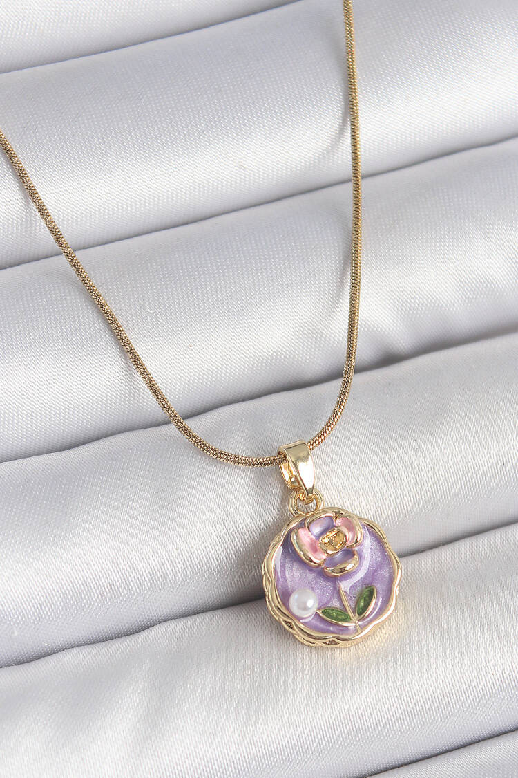 316l Steel Gold Color Chain Purple Minimal Flower Embroidered Pearl Detail Portrait Model Woman Necklace - Brand: Ebijuteri - Women's Clothing Wholesale - Globality Store