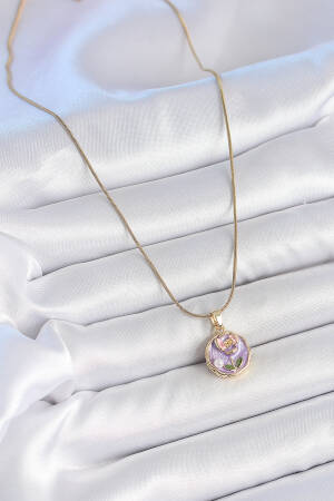 316l Steel Gold Color Chain Purple Minimal Flower Embroidered Pearl Detail Portrait Model Woman Necklace - Brand: Ebijuteri - Women's Clothing Wholesale - Globality Store