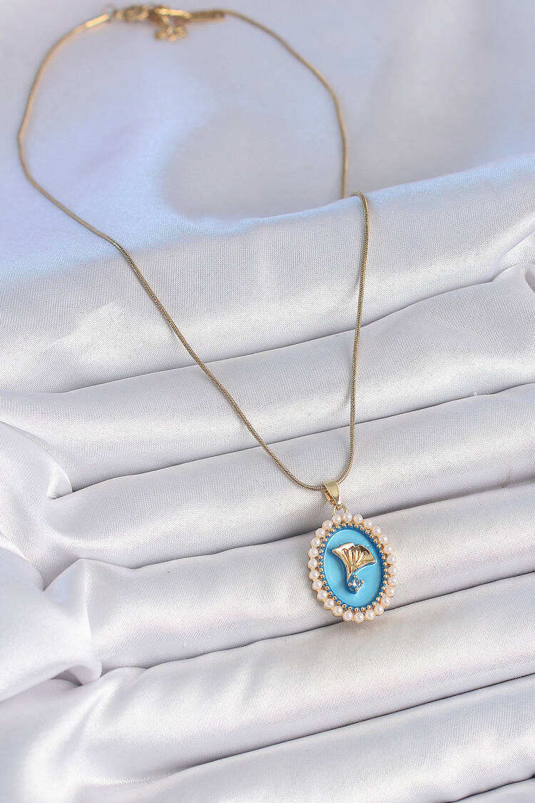 316l Steel Gold Color Chain Blue Enameled Pearl Zircon Stone Flower Embroidered Portrait Model Women Necklace
