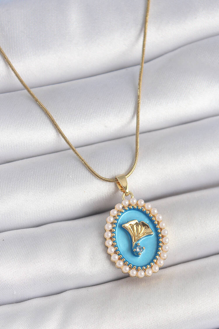 316l Steel Gold Color Chain Blue Enameled Pearl Zircon Stone Flower Embroidered Portrait Model Women Necklace - Brand: Ebijuteri - Women's Clothing Wholesale - Globality Store