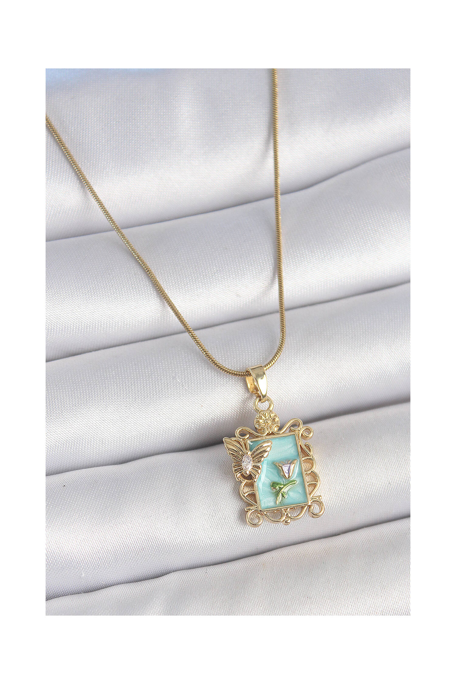 316l Steel Gold Color Chain Blue Enameled Flower Embroidered Zircon Stone Butterfly Detail Portrait Model Women Necklace - Brand: Ebijuteri - Women's Clothing Wholesale - Globality Store