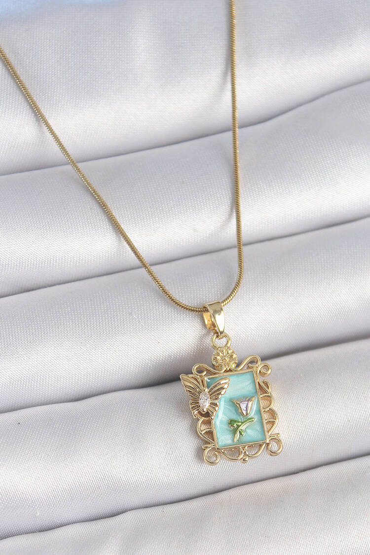 316l Steel Gold Color Chain Blue Enameled Flower Embroidered Zircon Stone Butterfly Detail Portrait Model Women Necklace - Brand: Ebijuteri - Women's Clothing Wholesale - Globality Store