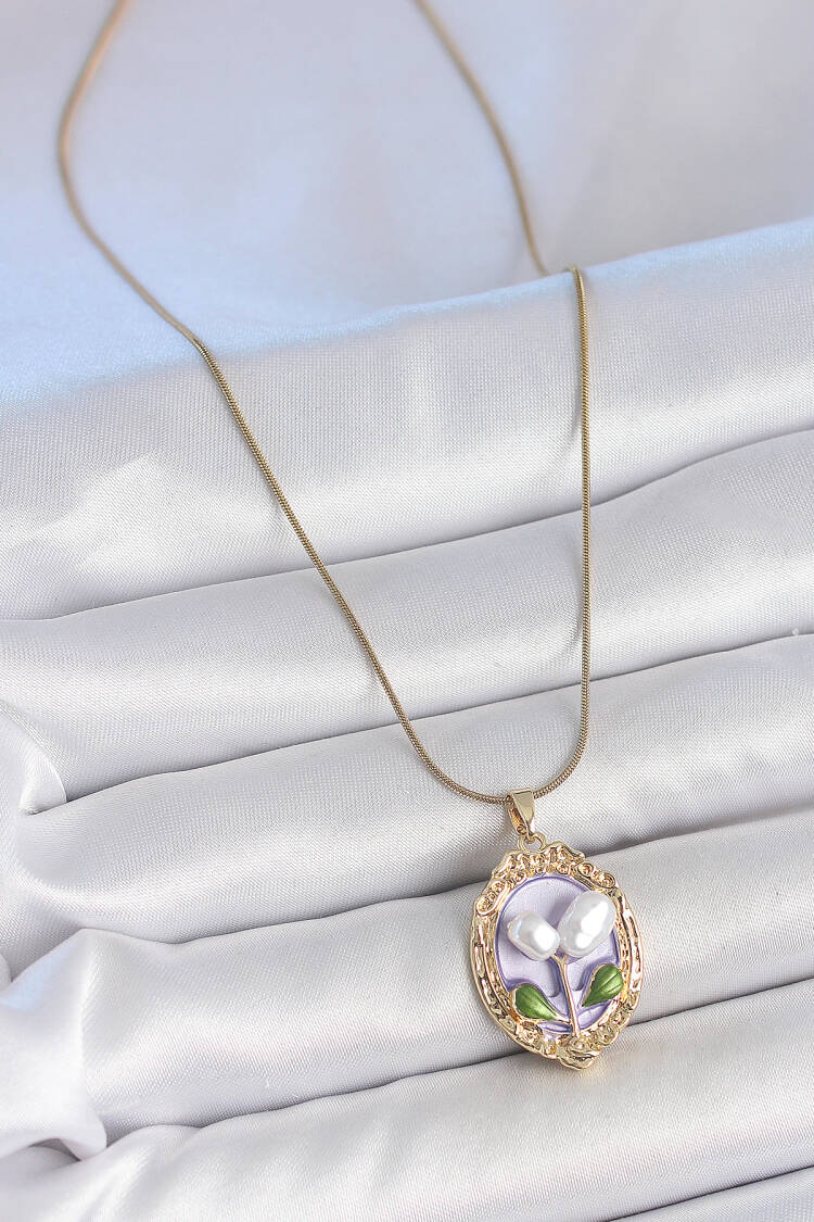 316l Steel Gold Color Purple Pearl Flower Embroidered Portrait Model Women Necklace