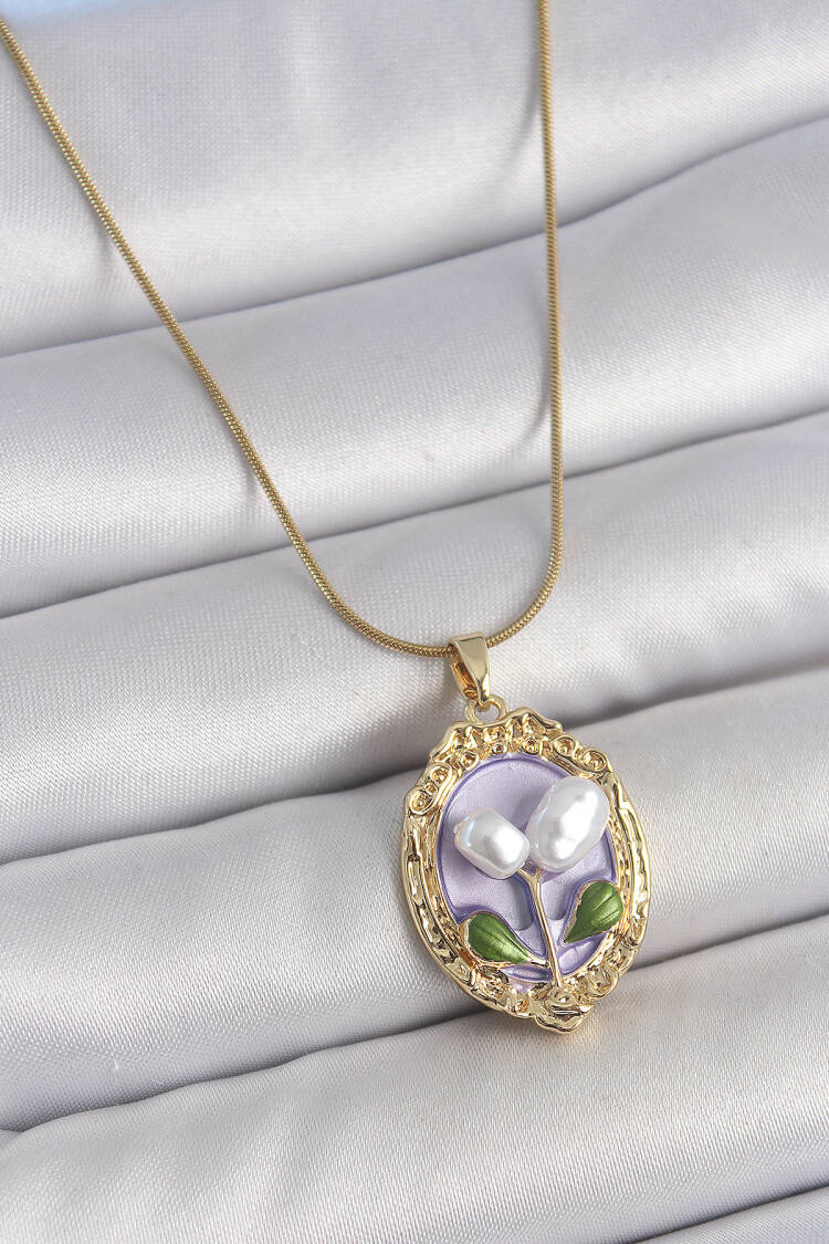 316l Steel Gold Color Purple Pearl Flower Embroidered Portrait Model Women Necklace - Brand: Ebijuteri - Women's Clothing Wholesale - Globality Store
