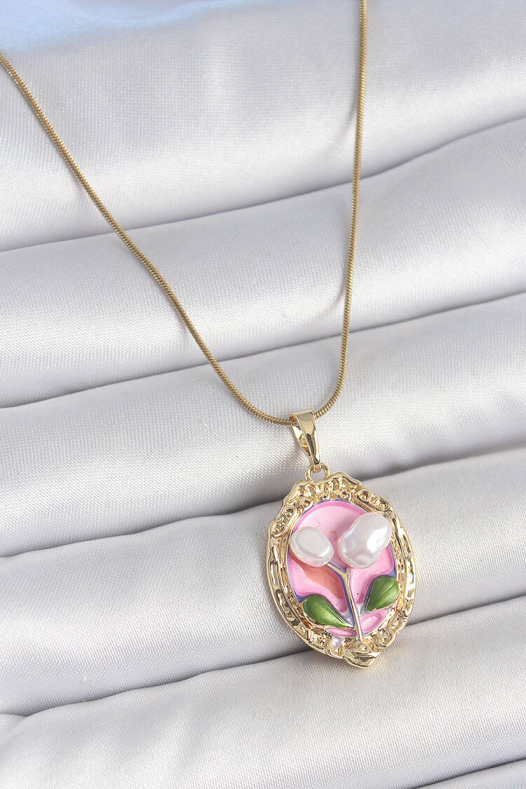 316l Steel Gold Color Chain Pink Enameled Pearl Flower Embroidered Portrait Model Women Necklace - Brand: Ebijuteri - Women's Clothing Wholesale - Globality Store