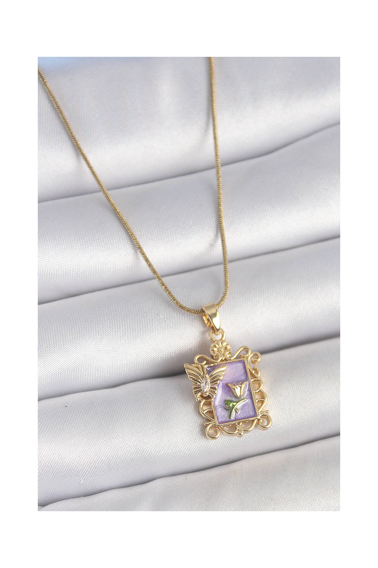 316l Steel Gold Color Chain Purple Enameled Flower Embroidered Zircon Stone Butterfly Detail Portrait Model Women Necklace - Brand: Ebijuteri - Women's Clothing Wholesale - Globality Store