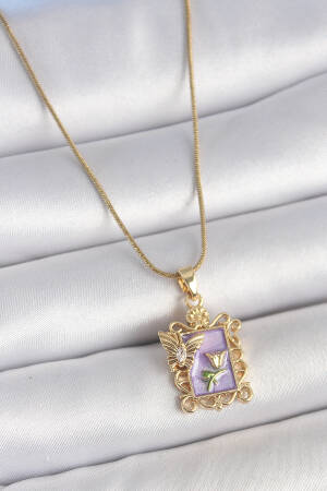 316l Steel Gold Color Chain Purple Enameled Flower Embroidered Zircon Stone Butterfly Detail Portrait Model Women Necklace - Brand: Ebijuteri - Women's Clothing Wholesale - Globality Store