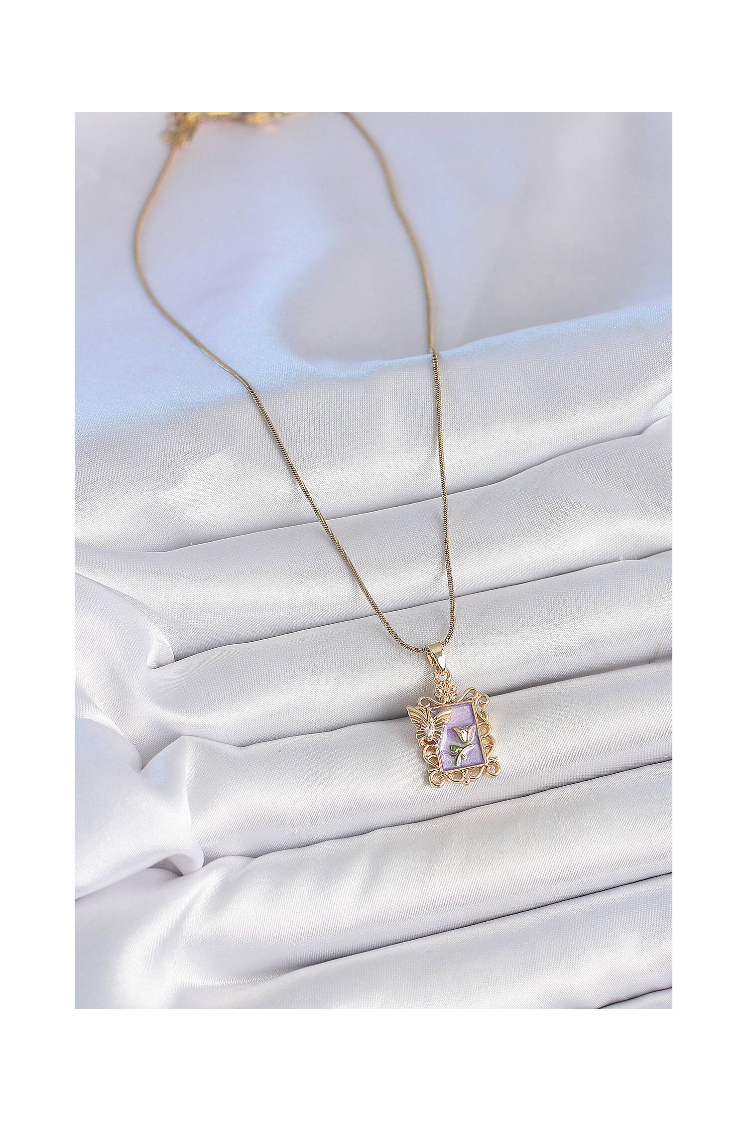 316l Steel Gold Color Chain Purple Enameled Flower Embroidered Zircon Stone Butterfly Detail Portrait Model Women Necklace - Brand: Ebijuteri - Women's Clothing Wholesale - Globality Store