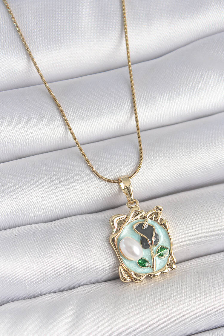 316l Steel Gold Color Chain Blue Enameled Flower Embroidered Pearl Detail Portrait Model Women Necklace - Brand: Ebijuteri - Women's Clothing Wholesale - Globality Store