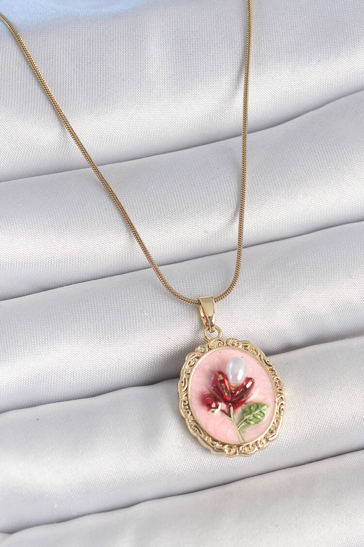316l Steel Gold Color Chain Pink Enameled Pearl Flower Embroidered Portrait Model Women Necklace - Brand: Ebijuteri - Women's Clothing Wholesale - Globality Store