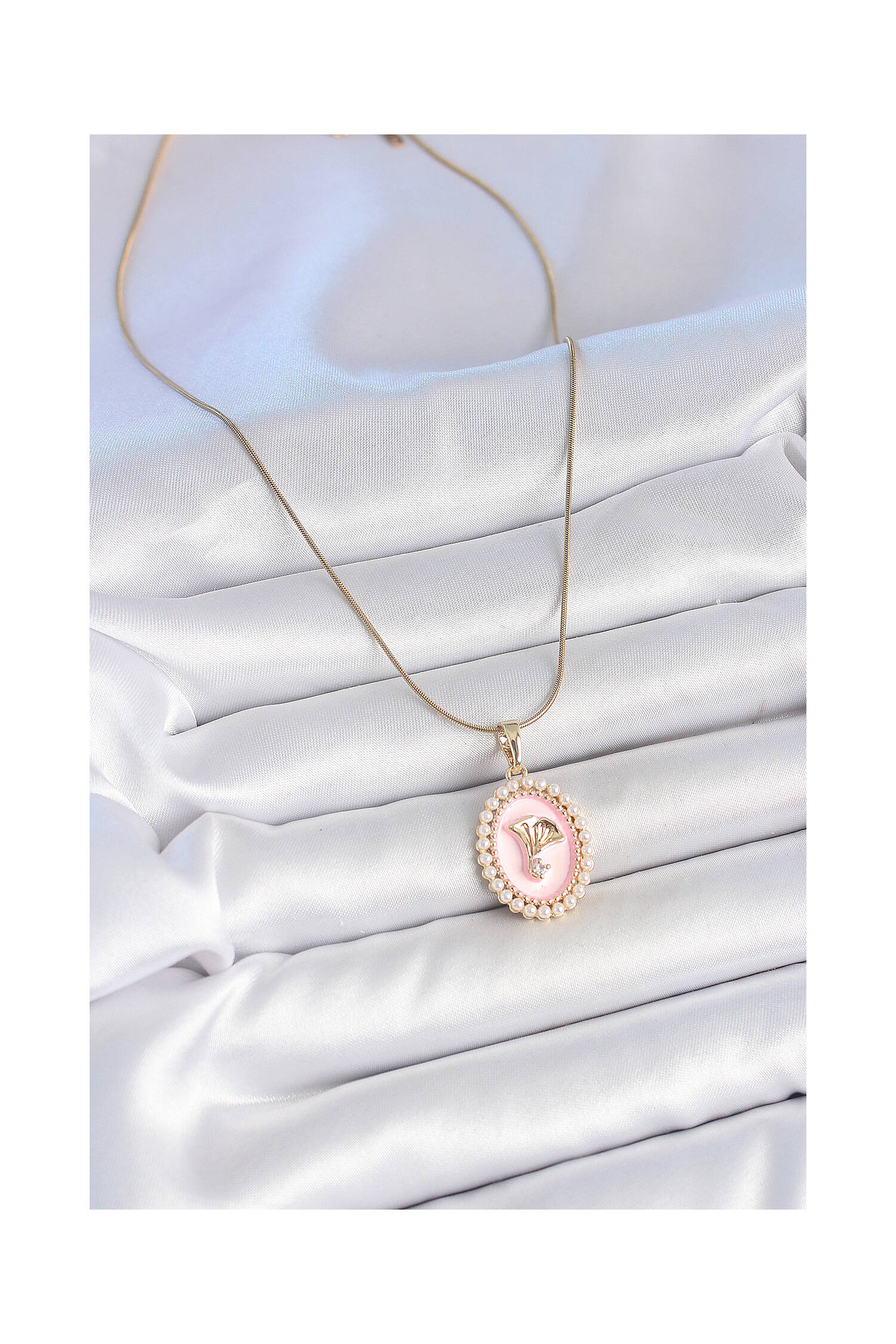 316l Steel Gold Color Chain Pink Enameled Pearl Zircon Stone Flower Embroidered Portrait Model Women Necklace - Brand: Ebijuteri - Women's Clothing Wholesale - Globality Store