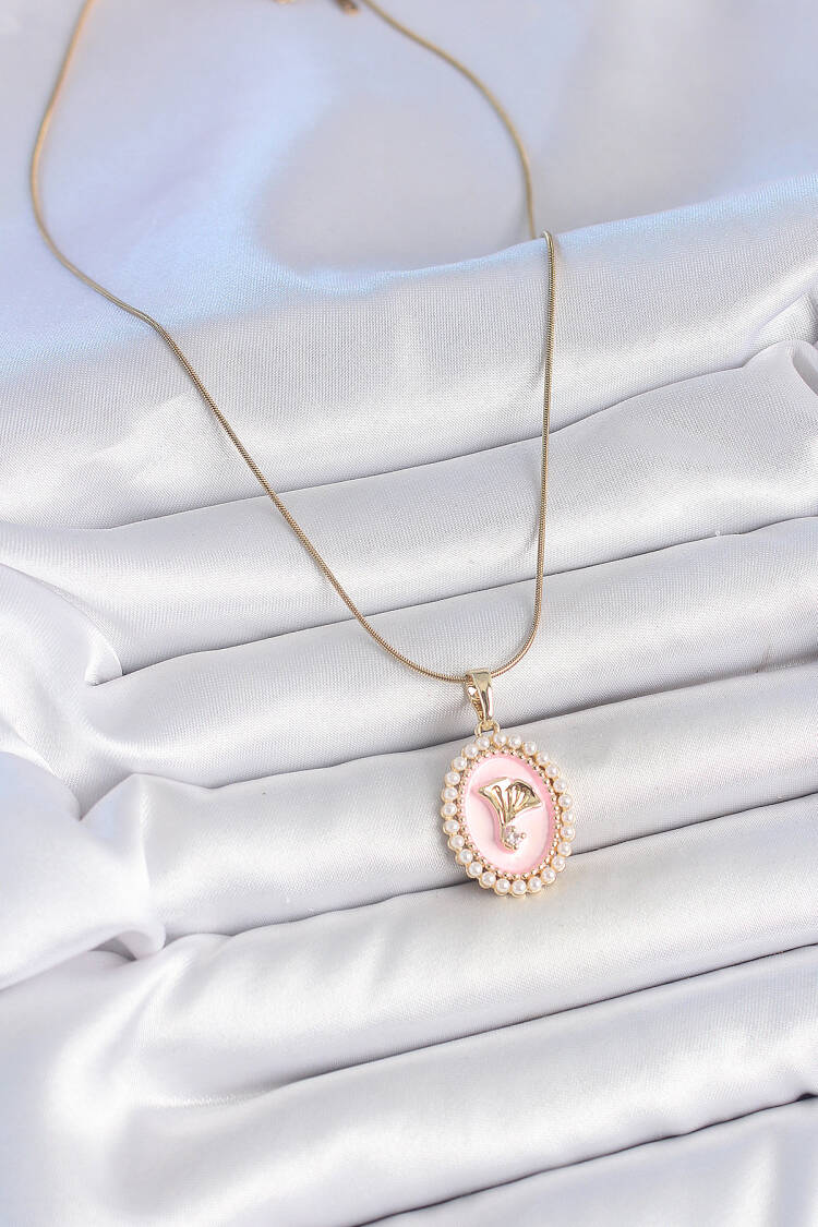 316l Steel Gold Color Chain Pink Enameled Pearl Zircon Stone Flower Embroidered Portrait Model Women Necklace