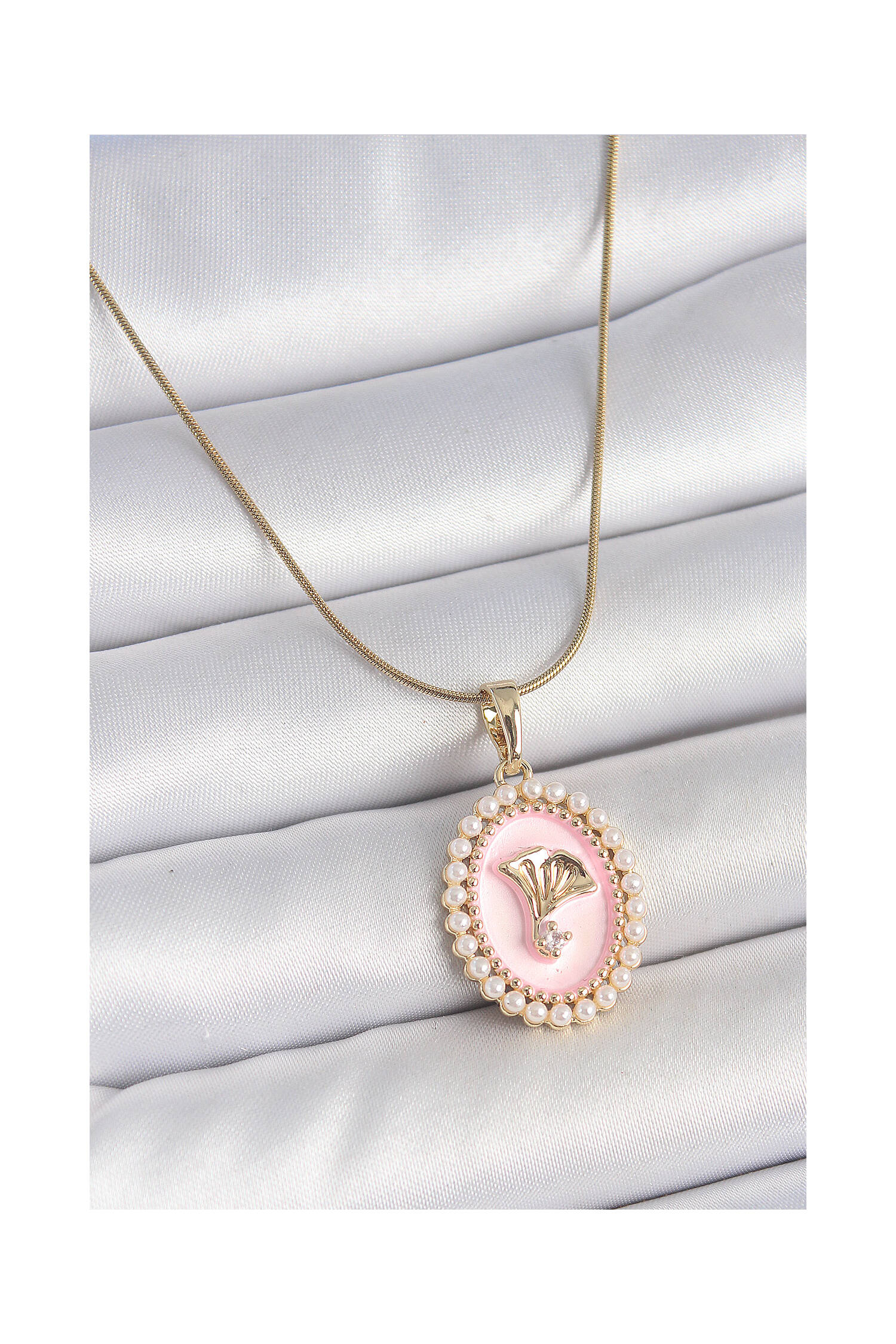 316l Steel Gold Color Chain Pink Enameled Pearl Zircon Stone Flower Embroidered Portrait Model Women Necklace - Brand: Ebijuteri - Women's Clothing Wholesale - Globality Store