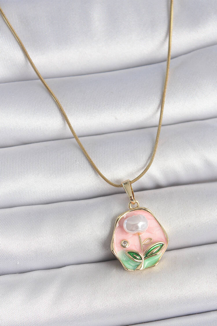 316l Steel Gold Color Chain Pink Flower Embroidered Pearl Detail Portrait Model Women Necklace - Brand: Ebijuteri - Women's Clothing Wholesale - Globality Store