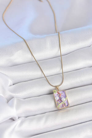 316l Steel Gold Color Chain Purple Enameled Pearl Flower Embroidered Portrait Model Women Necklace - Brand: Ebijuteri - Women's Clothing Wholesale - Globality Store