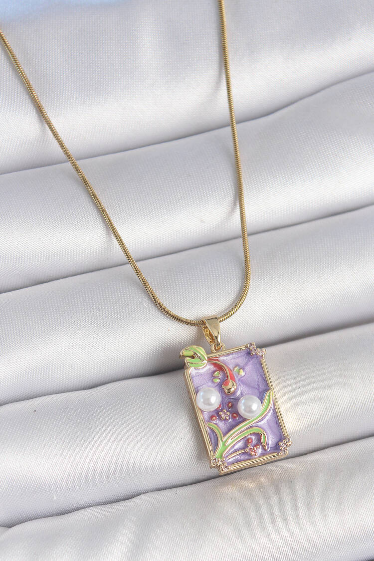 316l Steel Gold Color Chain Purple Enameled Pearl Flower Embroidered Portrait Model Women Necklace - Brand: Ebijuteri - Women's Clothing Wholesale - Globality Store