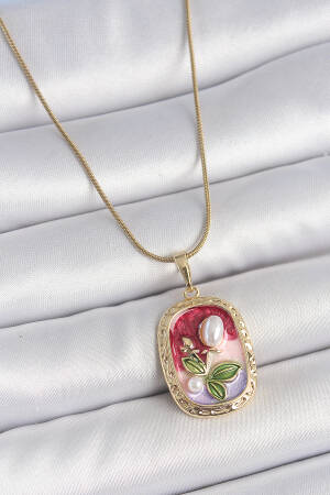 316l Steel Gold Color Chain Mix Color Pearl Flower Embroidered Portrait Model Women Necklace - Brand: Ebijuteri - Women's Clothing Wholesale - Globality Store