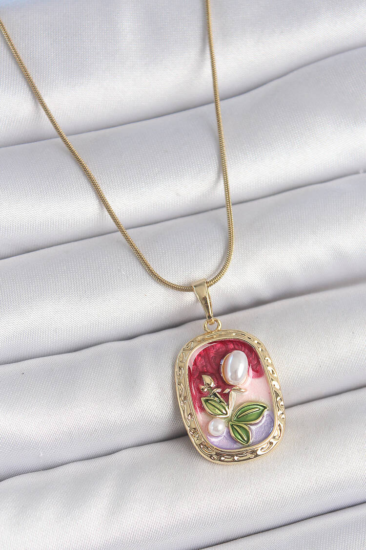 316l Steel Gold Color Chain Mix Color Pearl Flower Embroidered Portrait Model Women Necklace - Brand: Ebijuteri - Women's Clothing Wholesale - Globality Store
