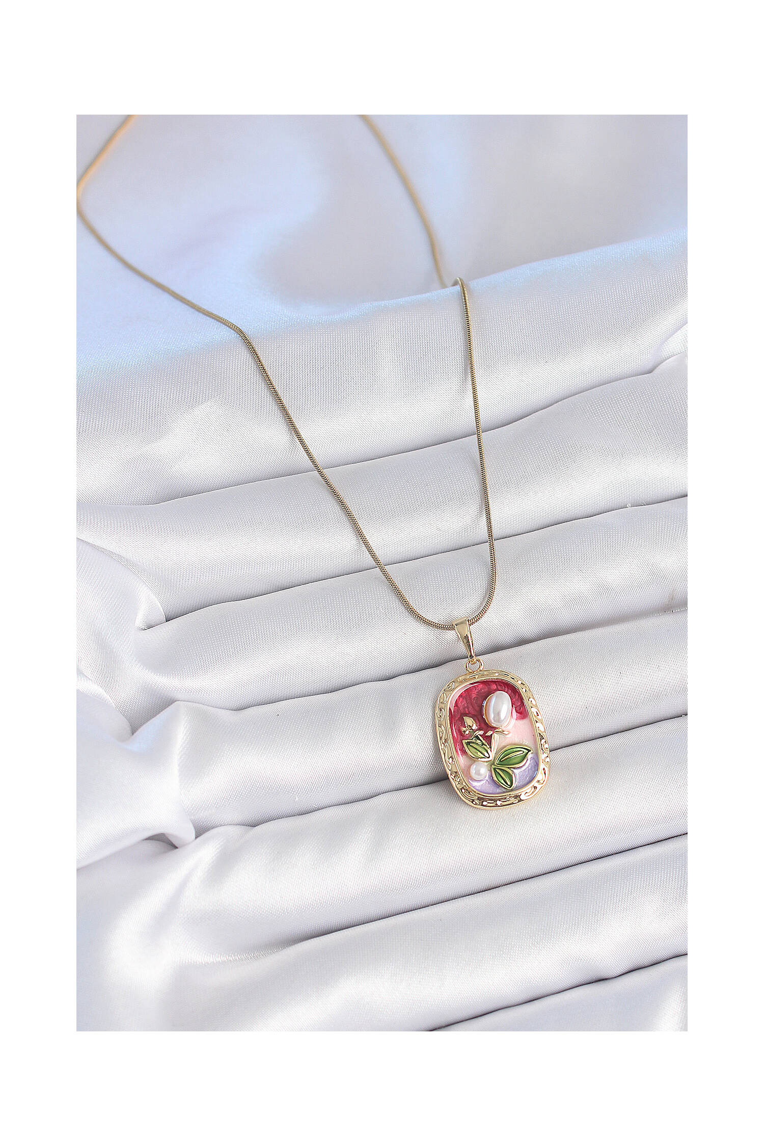 316l Steel Gold Color Chain Mix Color Pearl Flower Embroidered Portrait Model Women Necklace - Brand: Ebijuteri - Women's Clothing Wholesale - Globality Store