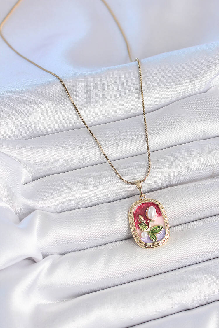 316l Steel Gold Color Chain Mix Color Pearl Flower Embroidered Portrait Model Women Necklace
