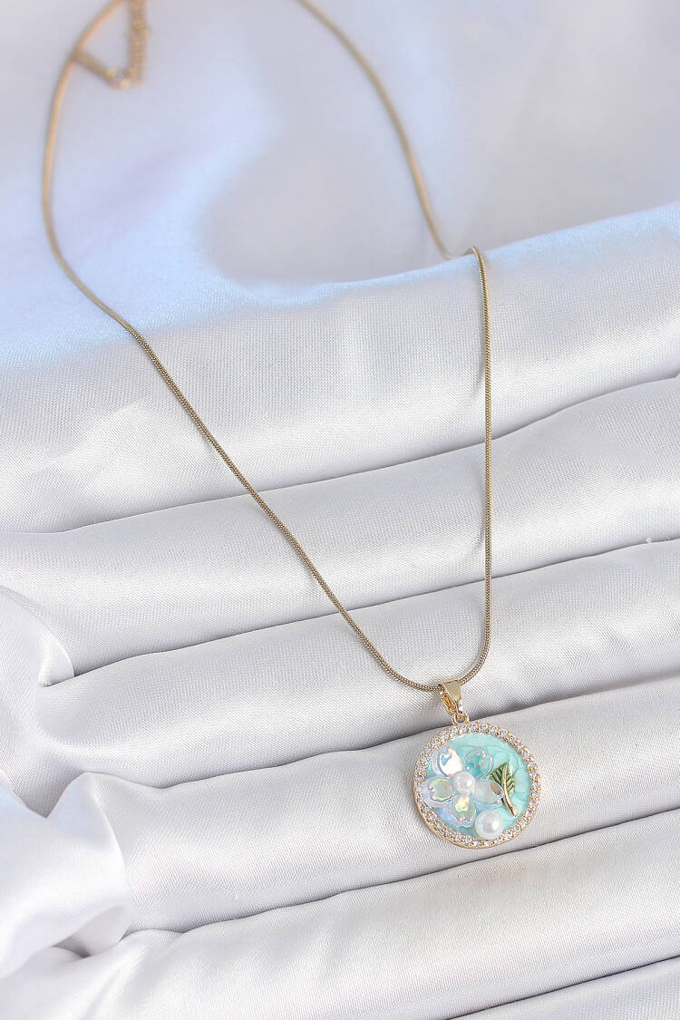 316l Steel Gold Color Chain Zircon Stone Detailed Blue Enamel Flower Embroidered Pearl Detail Women Necklace
