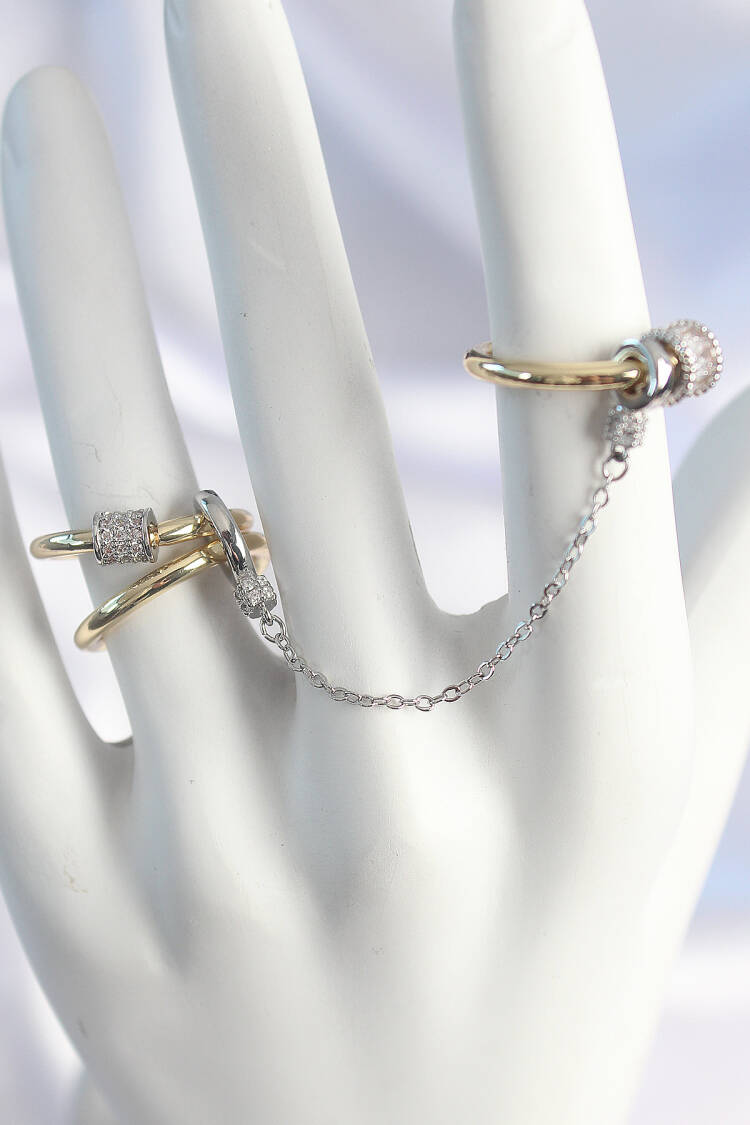 Brass Mix Color Zircon Stone Chain Women Ring Set - Brand: Ebijuteri - Women's Clothing Wholesale - Globality Store