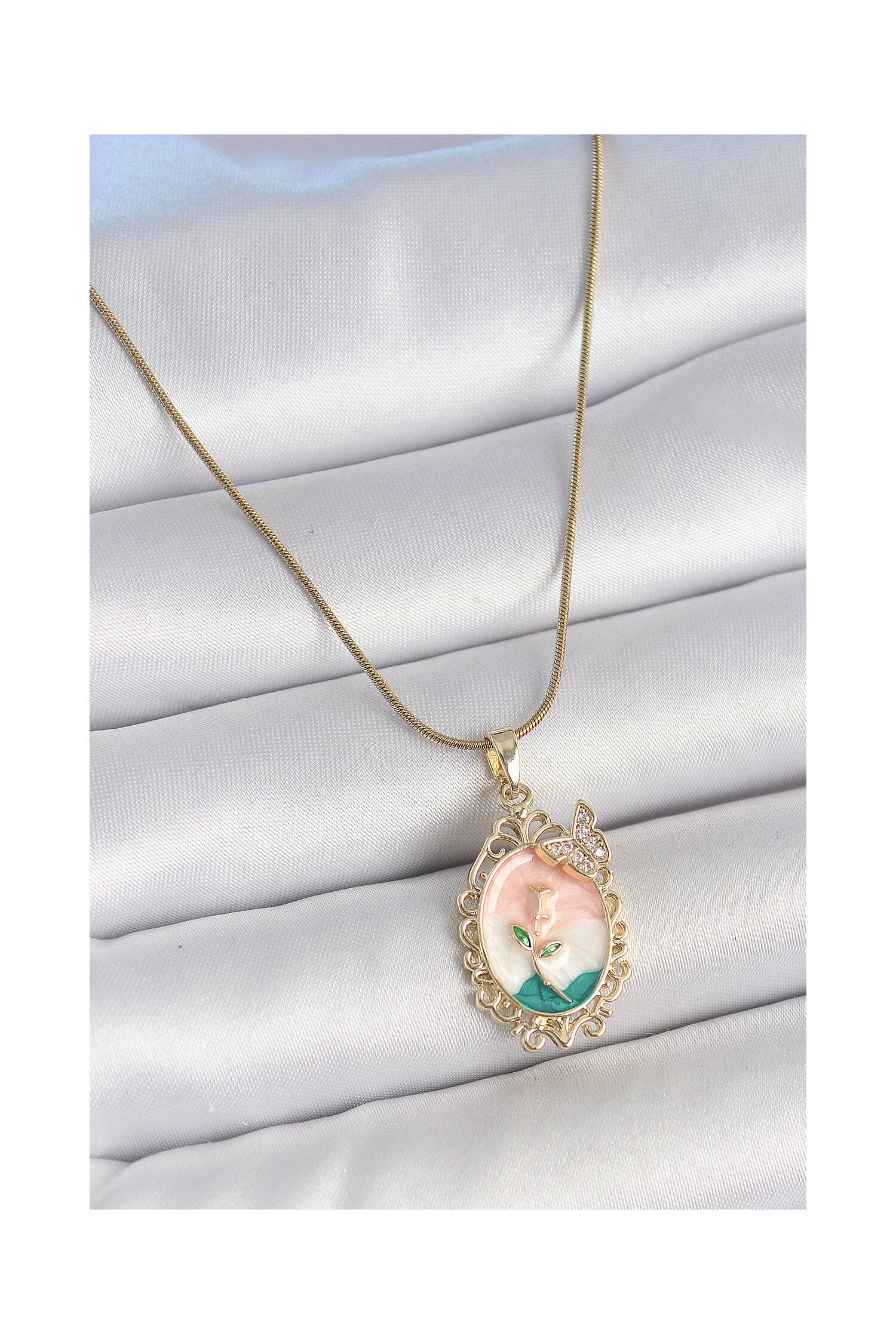 316l Steel Gold Color Chain Mix Color Flower Embroidered Zircon Stone Detailed Portrait Model Woman Necklace - Brand: Ebijuteri - Women's Clothing Wholesale - Globality Store