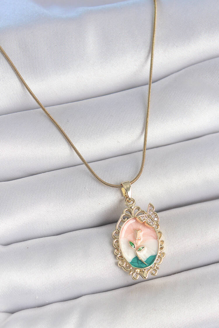 316l Steel Gold Color Chain Mix Color Flower Embroidered Zircon Stone Detailed Portrait Model Woman Necklace - Brand: Ebijuteri - Women's Clothing Wholesale - Globality Store