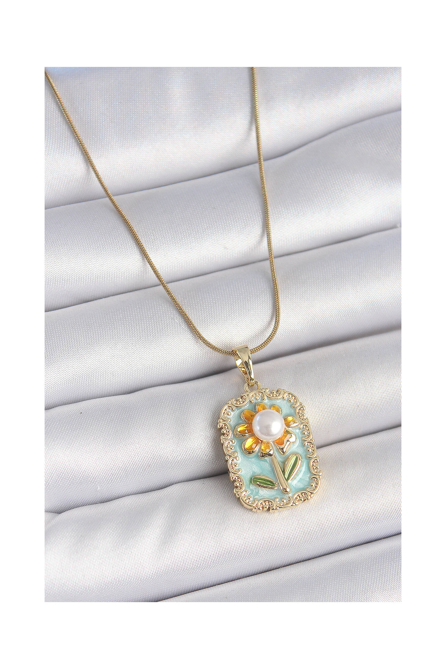 316l Steel Gold Color Chain Blue Enameled Pearl Chamomile Embroidered Portrait Model Women Necklace - Brand: Ebijuteri - Women's Clothing Wholesale - Globality Store