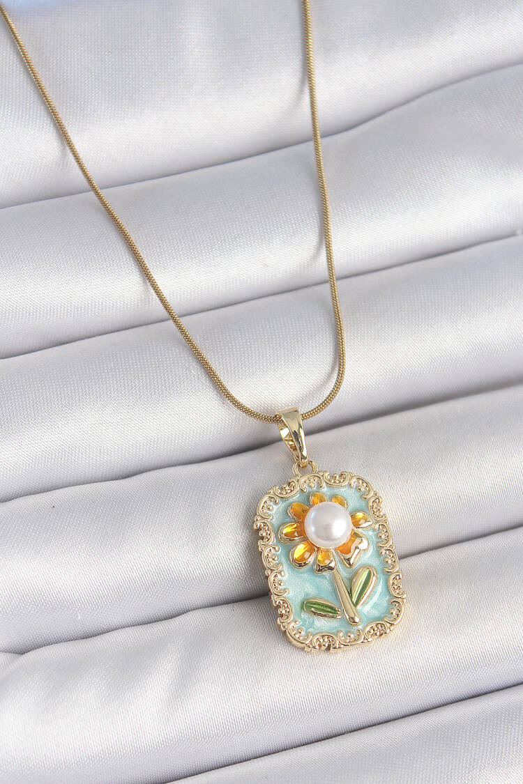 316l Steel Gold Color Chain Blue Enameled Pearl Chamomile Embroidered Portrait Model Women Necklace - Brand: Ebijuteri - Women's Clothing Wholesale - Globality Store