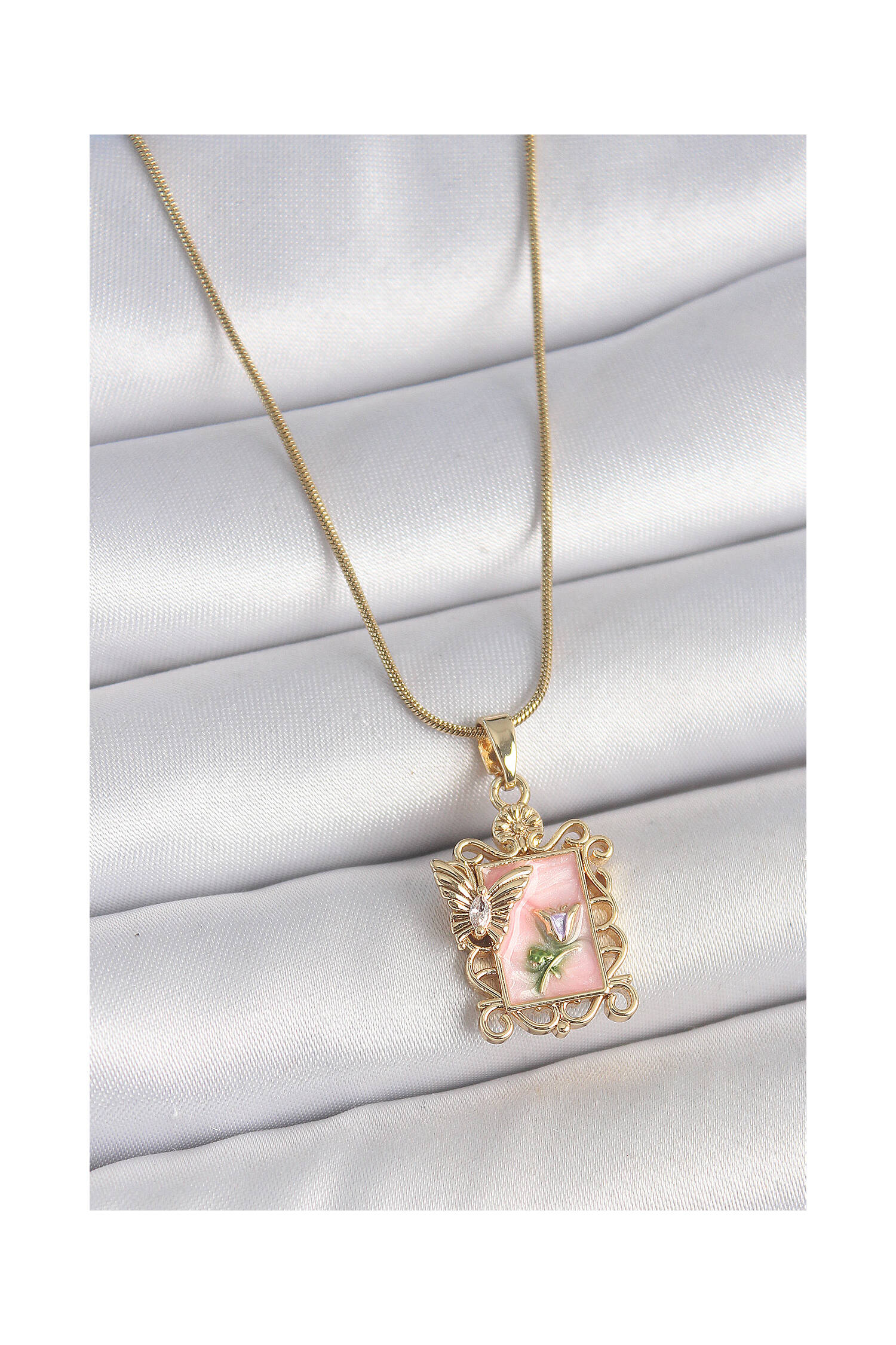 316l Steel Gold Color Chain Pink Enameled Flower Embroidered Zircon Stone Butterfly Detail Portrait Model Women Necklace - Brand: Ebijuteri - Women's Clothing Wholesale - Globality Store